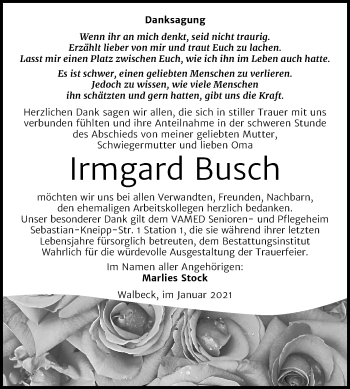 Traueranzeige von Irmgard Busch von Super Sonntag Mansfelder Land