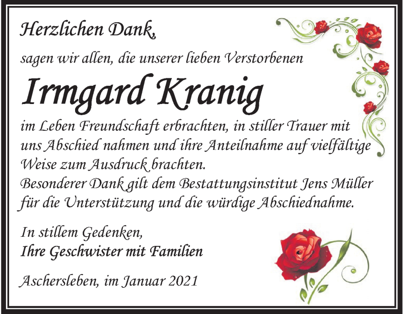  Traueranzeige für Irmgard Kranig vom 09.01.2021 aus Mitteldeutsche Zeitung Aschersleben