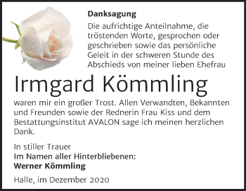 Traueranzeige von Irmgard Kömmling von Mitteldeutsche Zeitung Halle/Saalkreis