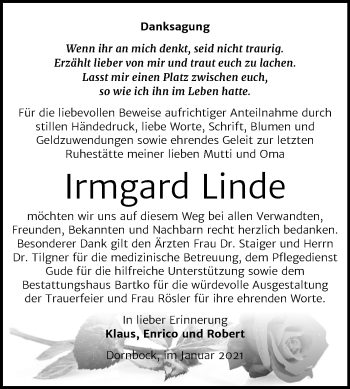 Traueranzeige von Irmgard Linde von Super Sonntag Köthen