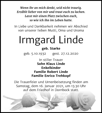 Traueranzeige von Irmgard Linde von Mitteldeutsche Zeitung Köthen