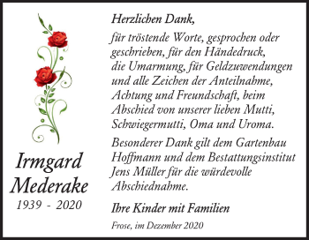 Traueranzeige von Irmgard Mederake von Super Sonntag Aschersleben