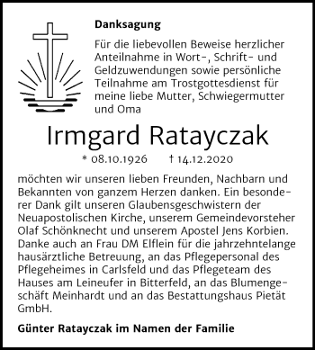 Traueranzeige von Irmgard Ratayczak von Mitteldeutsche Zeitung Bitterfeld