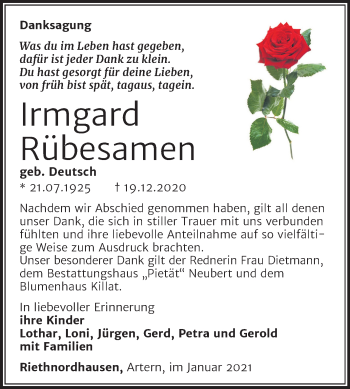 Traueranzeige von Irmgard Rübesamen von Super Sonntag Sangerhausen