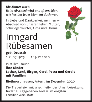 Traueranzeige von Irmgard Rübesamen von Super Sonntag Sangerhausen