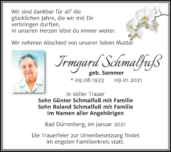 Traueranzeige von Irmgard Schmalfuß von Super Sonntag Merseburg/Querfurt