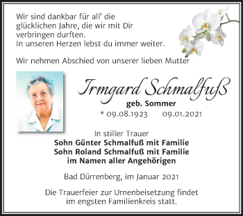 Traueranzeige von Irmgard Schmalfuß von Mitteldeutsche Zeitung Merseburg/Querfurt