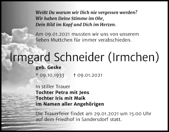 Traueranzeige von Irmgard Schneider von Mitteldeutsche Zeitung Bitterfeld