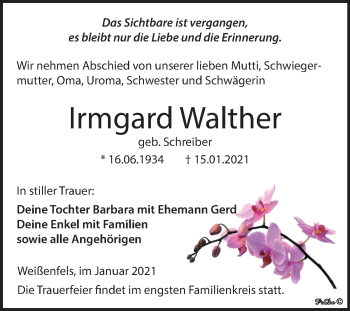 Traueranzeige von Irmgard Walther von Mitteldeutsche Zeitung Weißenfels
