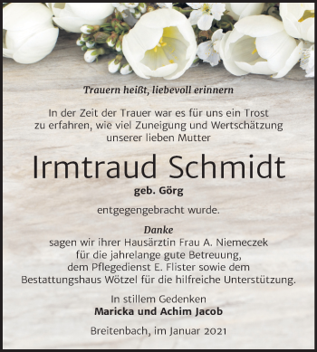 Traueranzeige von Irmtraud Schmidt von Super Sonntag Zeitz