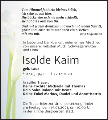 Traueranzeige von Isolde Kaim von Super Sonntag Weißenfels