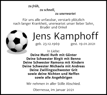 Traueranzeige von Jens Kamphoff von Mitteldeutsche Zeitung Weißenfels