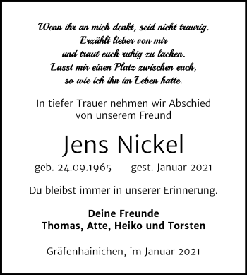 Traueranzeige von Jens Nickel von Mitteldeutsche Zeitung Wittenberg