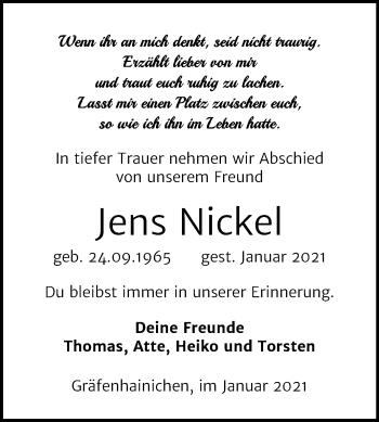 Traueranzeige von Jens Nickel von Super Sonntag Wittenberg