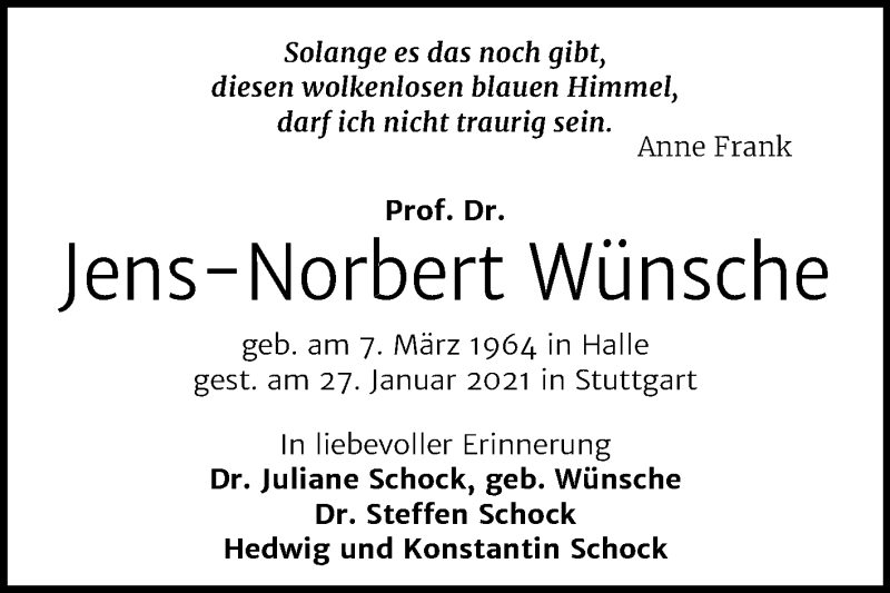  Traueranzeige für Jens-Norbert Wünsche vom 30.01.2021 aus Mitteldeutsche Zeitung Halle/Saalkreis