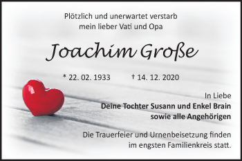 Traueranzeige von Joachim Große von Mitteldeutsche Zeitung Bitterfeld