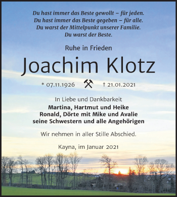 Traueranzeige von Joachim Klotz von Super Sonntag Zeitz
