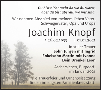Traueranzeige von Joachim Knopf von Mitteldeutsche Zeitung Aschersleben