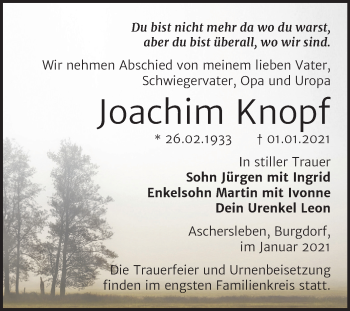 Traueranzeige von Joachim Knopf von Super Sonntag Aschersleben