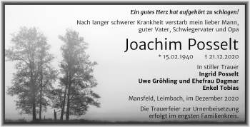 Traueranzeige von Joachim Posselt von Super Sonntag Mansfelder Land