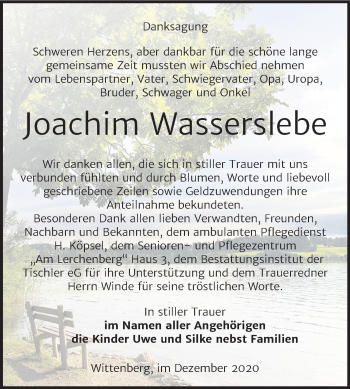 Traueranzeige von Joachim Wasserslebe von Mitteldeutsche Zeitung Wittenberg