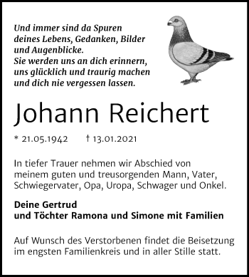 Traueranzeige von Johann Reichert von Mitteldeutsche Zeitung Bitterfeld