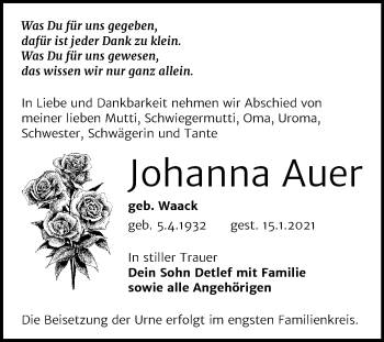 Traueranzeige von Johanna Auer von Mitteldeutsche Zeitung Merseburg/Querfurt