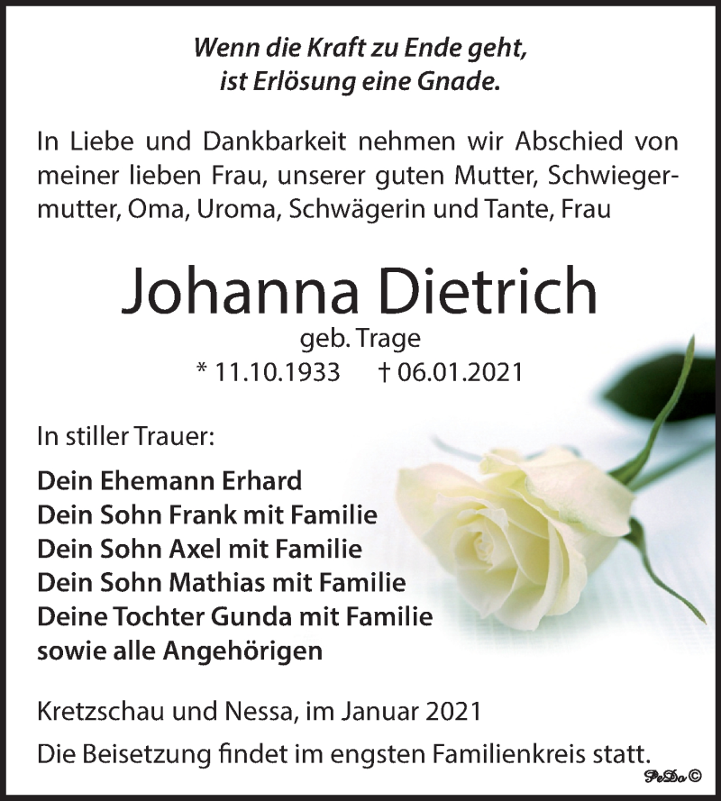 Traueranzeige für Johanna Dietrich vom 16.01.2021 aus Mitteldeutsche Zeitung Weißenfels