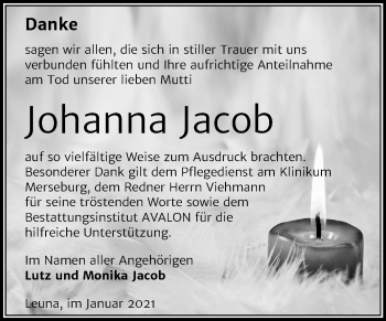 Traueranzeige von Johanna Jacob von Mitteldeutsche Zeitung Merseburg/Querfurt