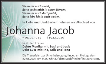 Traueranzeige von Johanna Jacob von Super Sonntag Merseburg/Querfurt