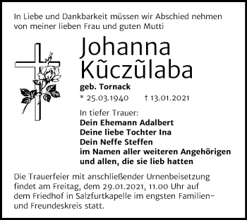 Traueranzeige von Johanna Kuczulaba von Mitteldeutsche Zeitung Bitterfeld