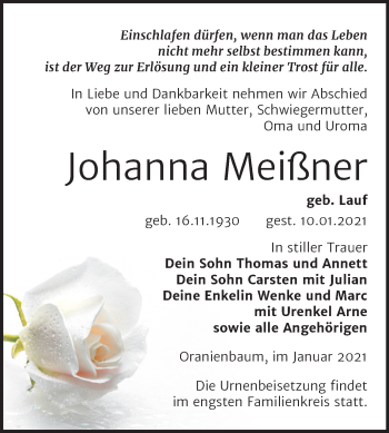 Traueranzeige von Johanna Meißner von Super Sonntag Wittenberg