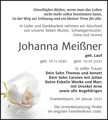 Traueranzeige von Johanna Meißner von Mitteldeutsche Zeitung Wittenberg