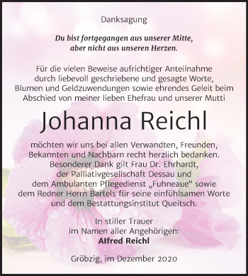 Traueranzeige von Johanna Reichl von Super Sonntag Köthen