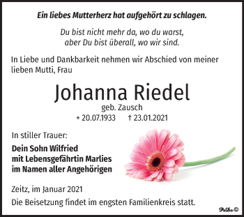 Traueranzeige von Johanna Riedel von Mitteldeutsche Zeitung Zeitz