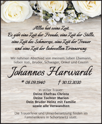 Traueranzeige von Johannes Harwardt von Super Sonntag Köthen