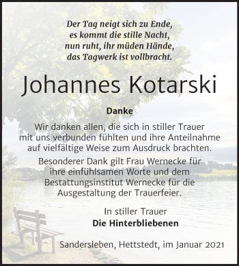 Traueranzeige von Johannes Kotarski von Super Sonntag Mansfelder Land