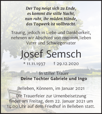 Traueranzeige von Josef Semsch von Super Sonntag Bernburg