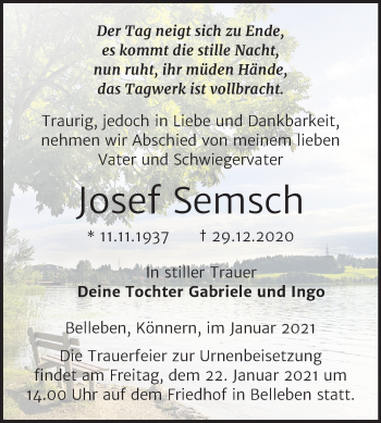Traueranzeige von Josef Semsch von Mitteldeutsche Zeitung Bernburg
