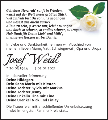 Traueranzeige von Josef Weidl von Mitteldeutsche Zeitung Wittenberg