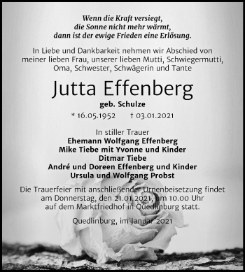 Traueranzeige von Jutta Effenberg von Mitteldeutsche Zeitung Quedlinburg
