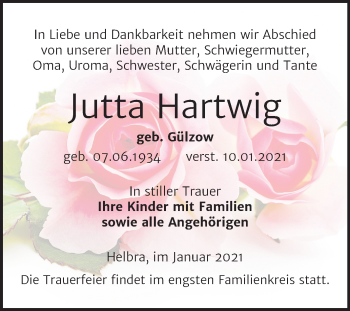 Traueranzeige von Jutta Hartwig von Mitteldeutsche Zeitung Mansfelder Land
