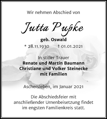 Traueranzeige von Jutta Pupke von Super Sonntag Aschersleben
