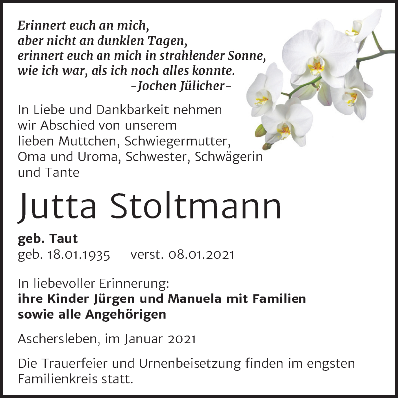  Traueranzeige für Jutta Stoltmann vom 16.01.2021 aus Super Sonntag Aschersleben