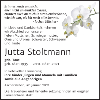 Traueranzeige von Jutta Stoltmann von Mitteldeutsche Zeitung Aschersleben