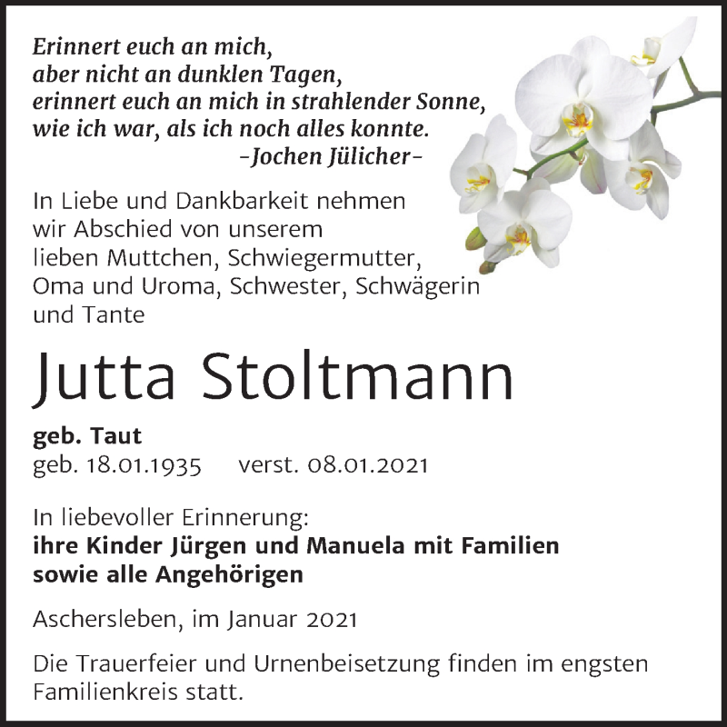  Traueranzeige für Jutta Stoltmann vom 16.01.2021 aus Mitteldeutsche Zeitung Aschersleben