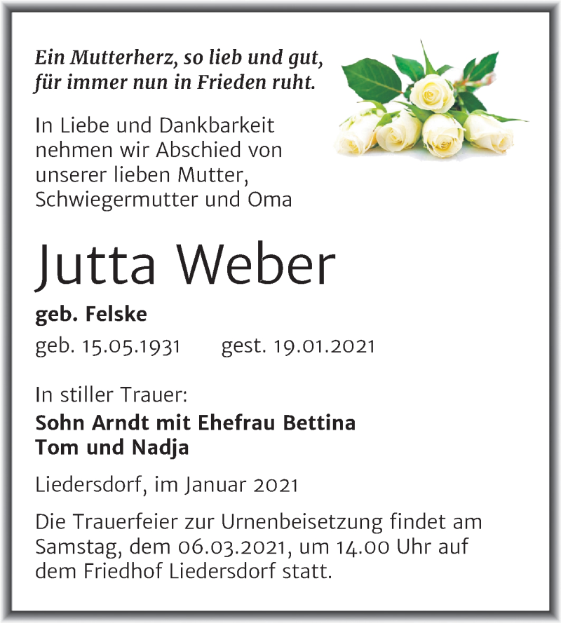  Traueranzeige für Jutta Weber vom 29.01.2021 aus Mitteldeutsche Zeitung Sangerhausen