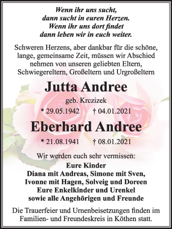 Traueranzeige von Jutta und Eberhard Andree von Super Sonntag Köthen