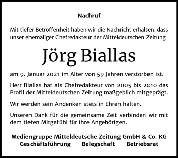 Traueranzeige von Jörg Biallas von Mitteldeutsche Zeitung Bitterfeld / Dessau-Roßlau / Mansfelder Land / Halle/Saalkreis / Wittenberg / Köthen / Merseburg/Querfurt / Quedlinburg / Sangerhausen / Weißenfels / Zeitz / Naumburg/Nebra