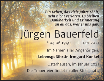 Traueranzeige von Jürgen Bauerfeld von Super Sonntag Mansfelder Land